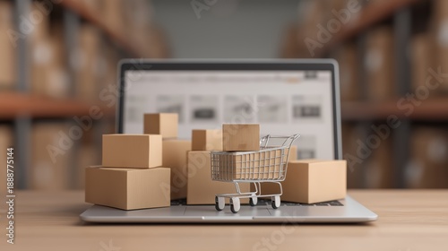 Cardboard boxes and a miniature shopping cart on a laptop keyboard. The screen shows an online store with a blurred warehouse in the background