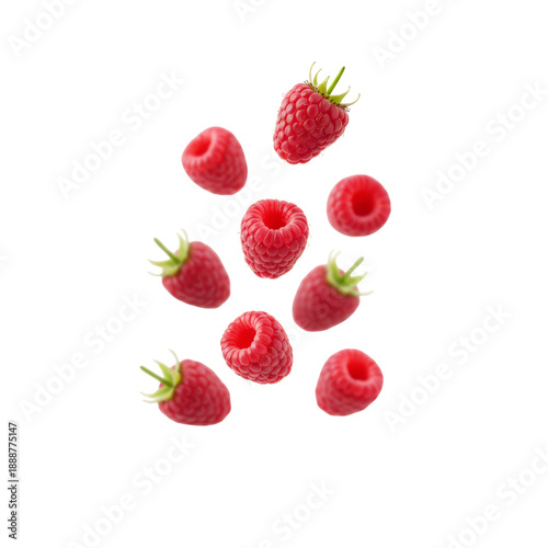 Fresh Raspberries Falling Isolated on White Background, Healthy Food Concept