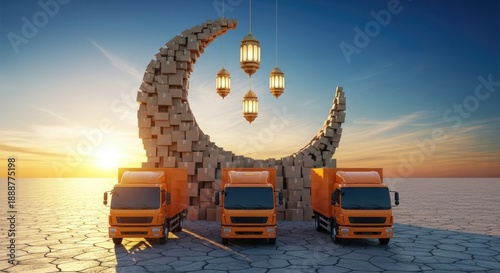 Ramadan Kareem delivery trucks with crescent moon and lanterns at sunset.