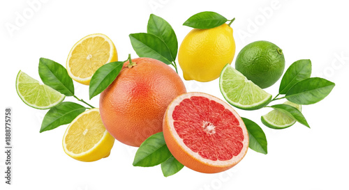 Fresh Citrus Fruits: Grapefruit, Lemon, Lime with Leaves