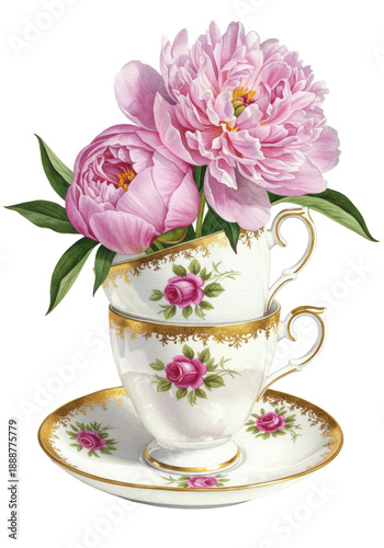 Stacked antique china teacups with pink roses and 24k gold, lush pale pink peony, isolated on white, a watercolor botanical illustration, elegant vintage tea concept