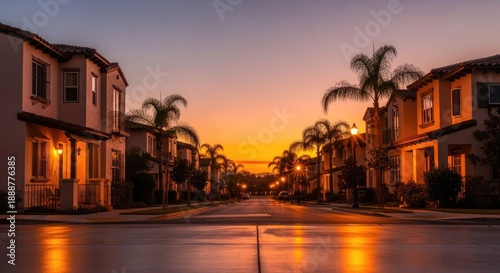 Vibrant Sunset Glow Over Residential Street with Palm Trees and Modern Homes.