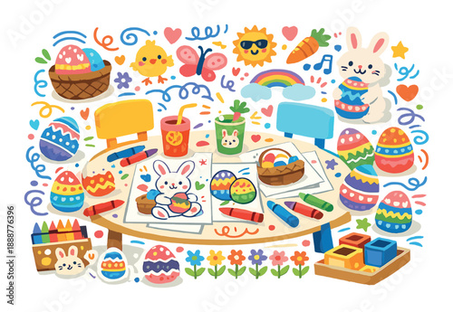Colorful easter crafts with eggs, bunnies, and crayons for festive creativity