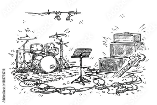 Rock band rehearsal setup with drum kit, amplifiers, and guitar in black and white sketch