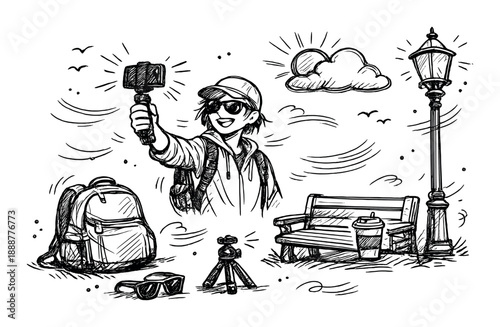 Young person vlogging outdoors in monochrome urban park scene