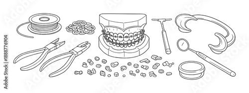 Orthodontic tools and dental model with braces