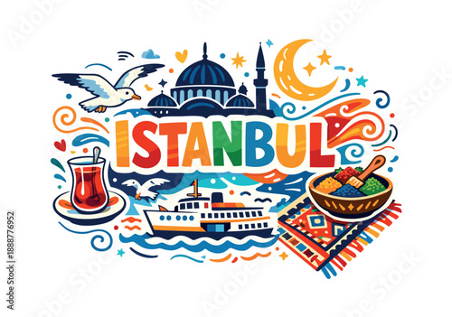 Colorful istanbul illustration featuring landmarks, tea, and traditional cuisine