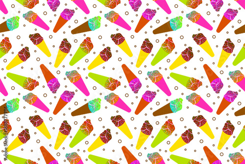 Seamless pattern sweet ice cream background. Summer ice cream cartoon seamless pattern. Summer seamless ice cream pattern design. Ice cream waffle cone pattern background.
