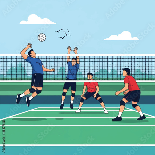 Group of players engaging in a dynamic outdoor volleyball game on a bright court with net and ball under a clear sky.