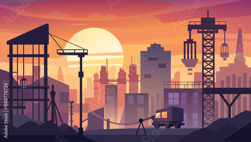 Sunset over a bustling construction site Vector