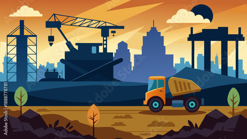 Construction site at sunset Vector
