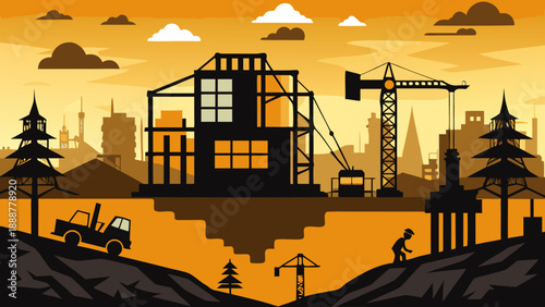 Construction site with building frame and crane Vector