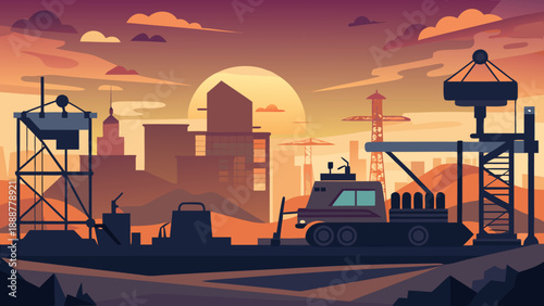 Sunset construction site with crane Vector