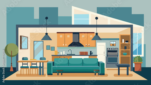 Modern open concept living room and kitchen Vector