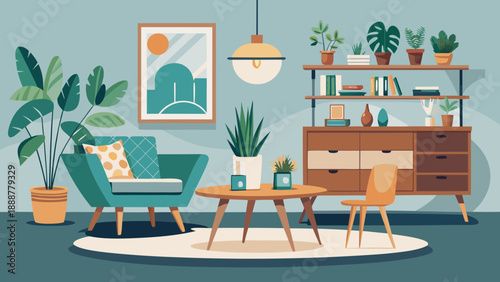 Modern living room with plants and decor Vector