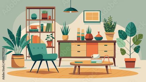 Vibrant living room with plants and books Vector