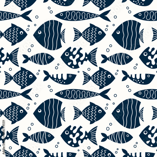 Seamless marine fish drawing pattern. Sea animal background for wallpaper decoration, banners, wrapping paper, seafood restaurant. Vector illustration