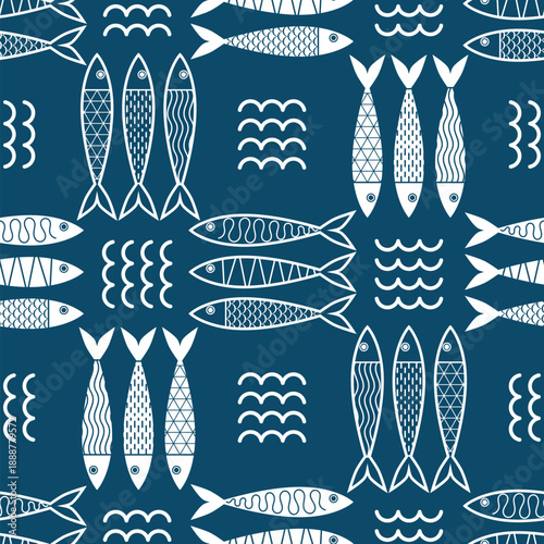 Seamless marine fish drawing pattern. Sea animal background for wallpaper decoration, banners, wrapping paper, seafood restaurant. Vector illustration