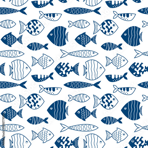 Seamless marine fish drawing pattern. Sea animal background for wallpaper decoration, banners, wrapping paper, seafood restaurant. Vector illustration