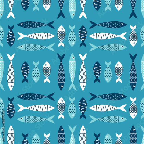 Seamless marine fish drawing pattern. Sea animal background for wallpaper decoration, banners, wrapping paper, seafood restaurant. Vector illustration