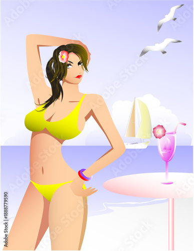 ビーチでポーズをとる女性