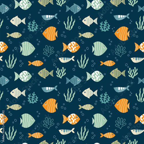 Seamless marine fish drawing pattern. Sea animal background for wallpaper decoration, banners, wrapping paper, seafood restaurant. Vector illustration