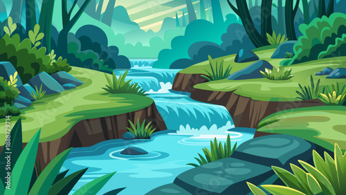 Serene forest stream Vector