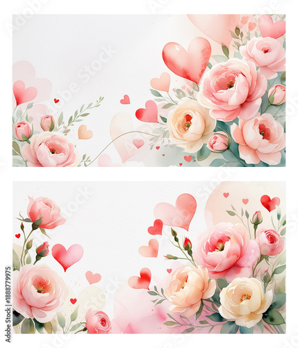 Romantic watercolor hearts and flowers composition for greeting cards, posters, social media and festive design.