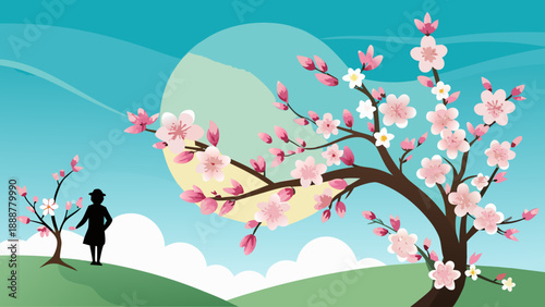 Woman admiring cherry blossoms Vector