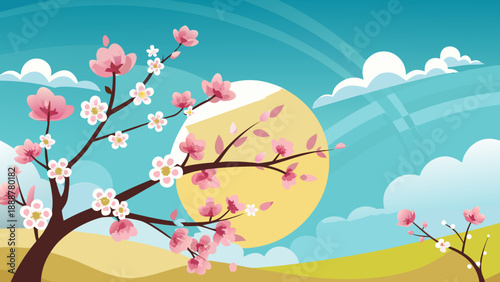 Cherry blossoms under a full moon Vector