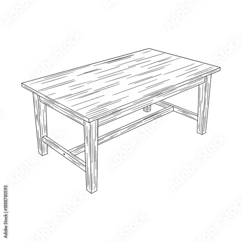 Wooden table line art illustration, simple furniture outline drawing, minimal dining or work table vector isolated on WHITE BACKGROUND