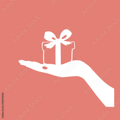 Minimal hand holding wrapped gift box symbolizing surprise generosity and celebration on coral background