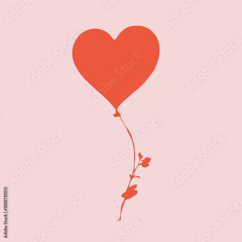 Red heart balloon with floral stem symbolizing love growth and romantic emotions on light pink background