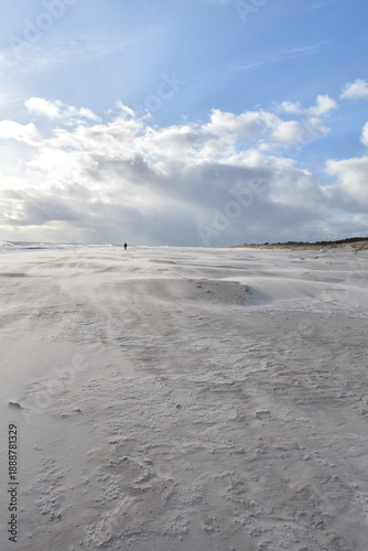 Dramatic stormy sky over an empty sandy beach with waves and dark clouds. Moody seascape landscape with strong wind, cold atmosphere and vast open space. Minimalist coastal scenery, solitude and natur