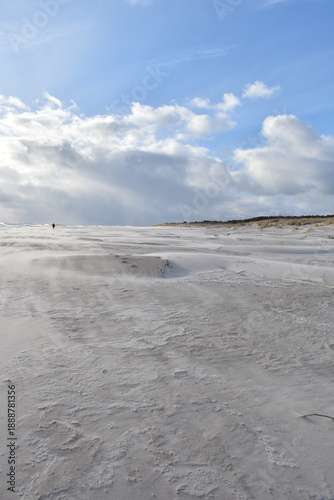 Dramatic stormy sky over an empty sandy beach with waves and dark clouds. Moody seascape landscape with strong wind, cold atmosphere and vast open space. Minimalist coastal scenery, solitude and natur