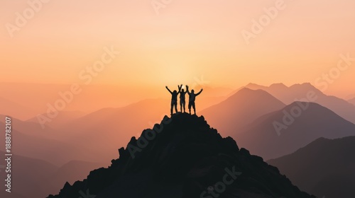 Team of three people standing with arms raised on a mountain peak, celebrating achievement and victory at sunset