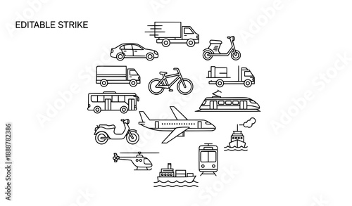 Transportation icons collection vector with editable stroke vehicle symbols for business presentation and branding