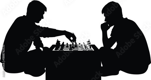 Chess silhouette, children playing, strategic game, black vector, mental focus, board game, concentration pose, indoor activity, flavector