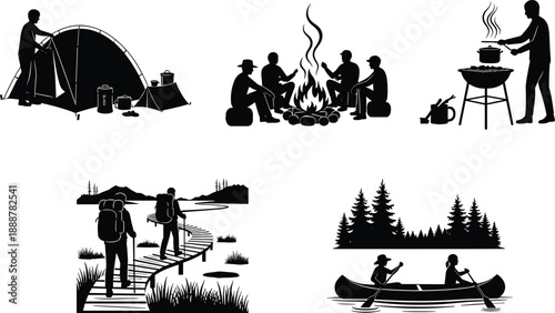 Camping silhouette illustration, outdoor adventure vector, hiking canoeing cooking, black and white nature scene, tent campfire forest lake, flavector