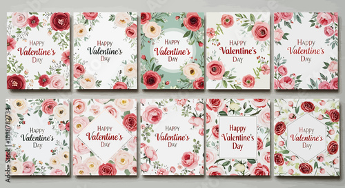 Exquisite collection of watercolor floral Valentine's Day greeting cards, featuring elegant rose and leaf designs, ideal for heartfelt romantic messages