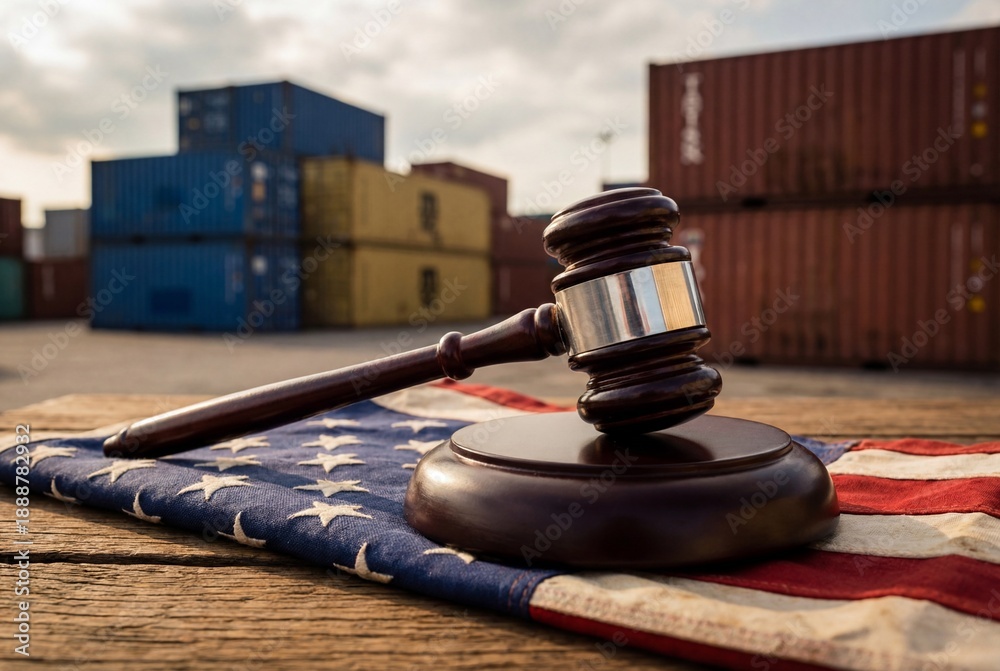 Obraz premium Judge's gavel on an American flag with shipping containers