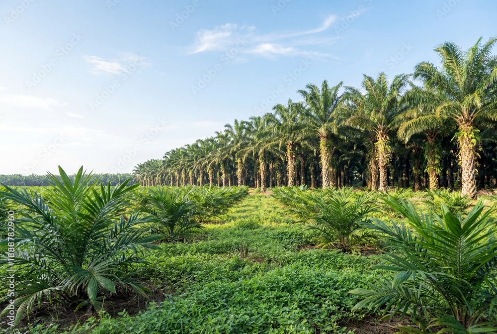 Obraz premium Young palm saplings in an oil palm plantation under clear sky