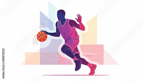 Dynamic silhouette of a basketball player in action against an abstract urban backdrop.