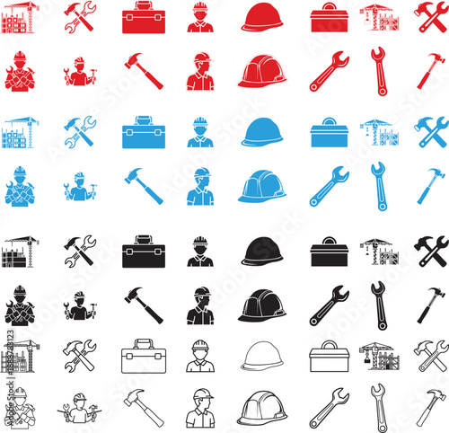 International Labor Day and construction worker industrial symbols including builders helmets hammers and wrenches
