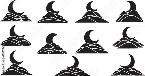 Black and white mountain landscape with crescent moon icons