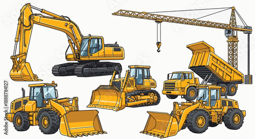 Vector illustration of yellow construction machinery, heavy industrial vehicles excavators, bulldozers, dump trucks, loaders, and cranes for building projects