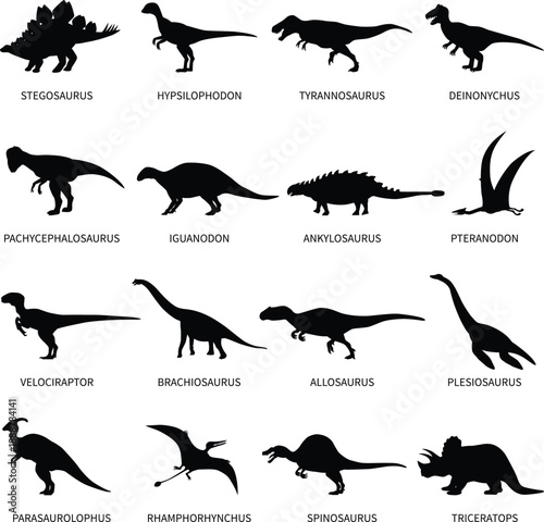 Vector collection featuring a black silhouette set of wild animals, birds, and dinosaurs including fish and flying lizards for nature wildlife design