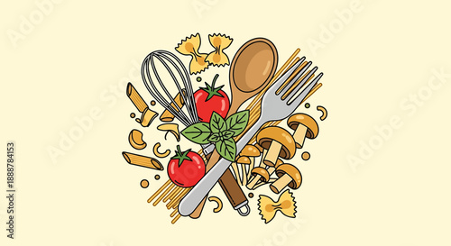 A whimsical illustration of kitchen utensils and fresh ingredients, perfect for culinary themes and food blogs