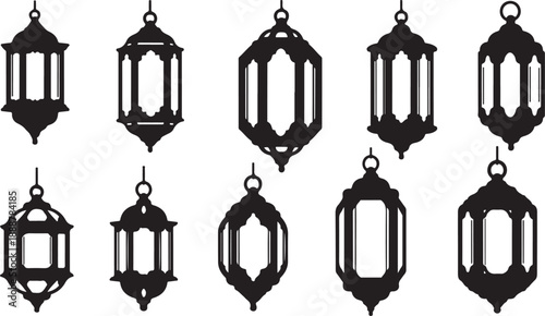 Black Lanterns Silhouettes Hanging in a Row Isolated White