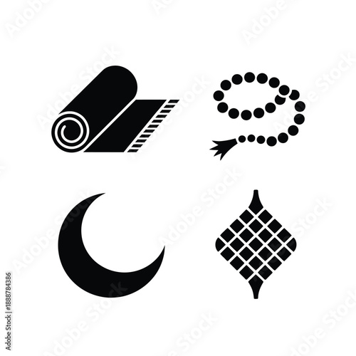 Four black and white of a roll of tape, a string of beads, a crescent moon, and a woven pattern